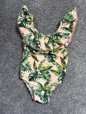 Janie and Jack Tropical Leaf One-Piece Swimsuit in Green and Cream